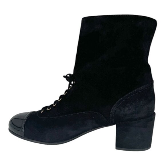 Chanel Suede Pearl CC Logo Patent Cap Toe Short Boots - Picture 4 of 16